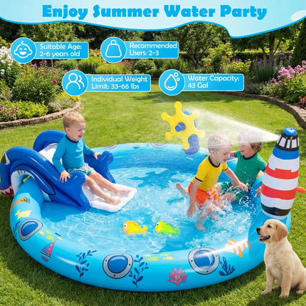 Inflatable Play Center Marine Life Spray Pool with Shark-shaped Slide Lighthouse Sprinkle - Inflatable Water Slides
