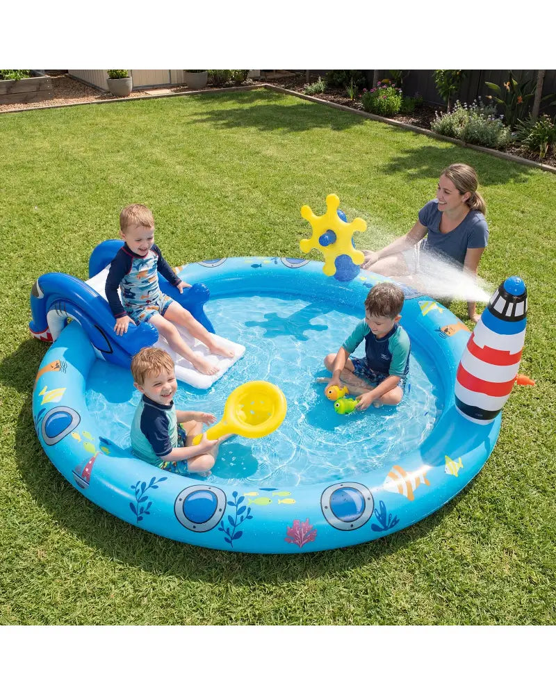 Inflatable Play Center Marine Life Spray Pool with Shark-shaped Slide Lighthouse Sprinkle - Inflatable Water Slides