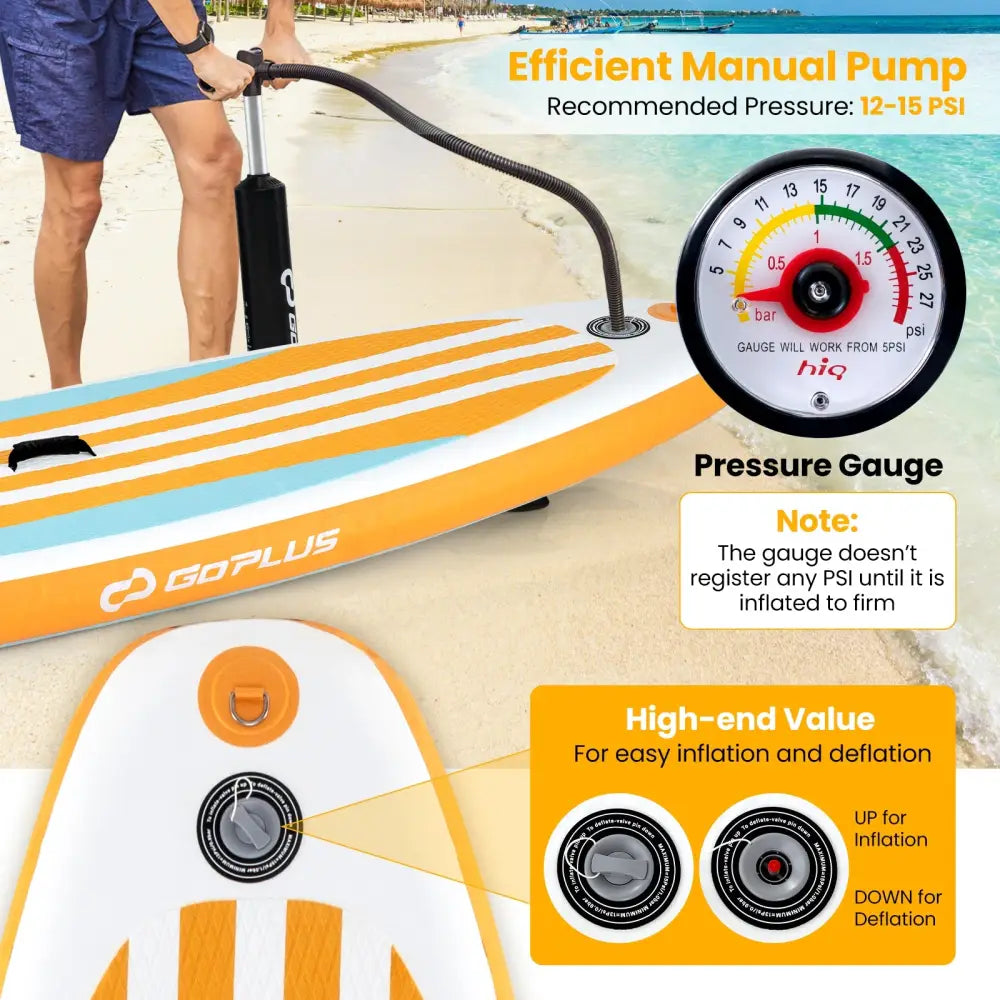Inflatable Stand up Paddle Board with Adjustable Paddle and 3 Fins for Adults and Youths-L - Orange - Surfing