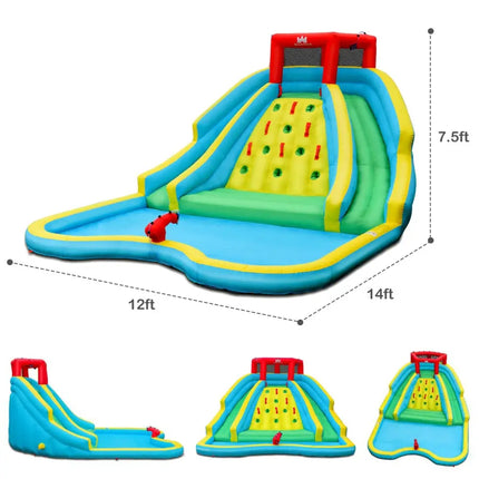 Inflatable Water Park Bounce House with Double Slide and Climbing Wall with 735W Blower - Blue - Inflatable Water Slides