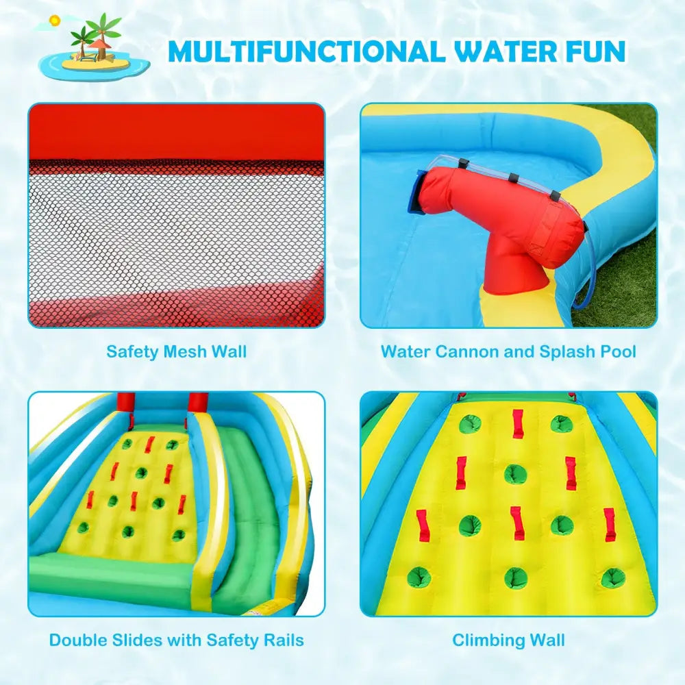 Inflatable Water Park Bounce House with Double Slide and Climbing Wall with 735W Blower - Blue - Inflatable Water Slides