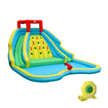 Inflatable Water Park Bounce House with Double Slide and Climbing Wall with 735W Blower - Blue - Inflatable Water Slides