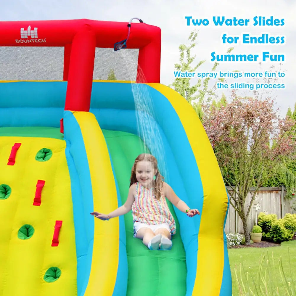 Inflatable Water Park Bounce House with Double Slide and Climbing Wall with 735W Blower - Blue - Inflatable Water Slides