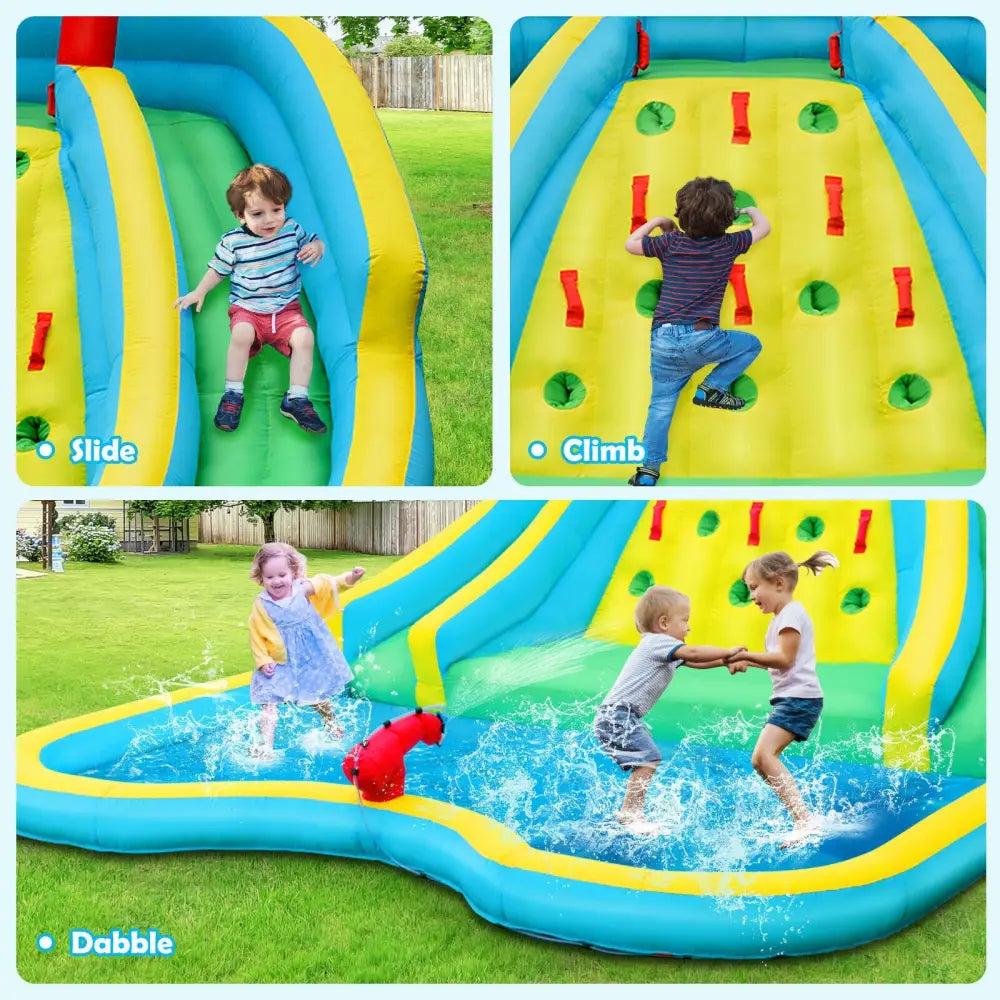 Inflatable Water Park Bounce House with Double Slide and Climbing Wall with 735W Blower - Blue - Inflatable Water Slides