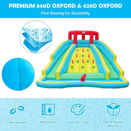 Inflatable Water Park Bounce House with Double Slide and Climbing Wall with 735W Blower - Blue - Inflatable Water Slides