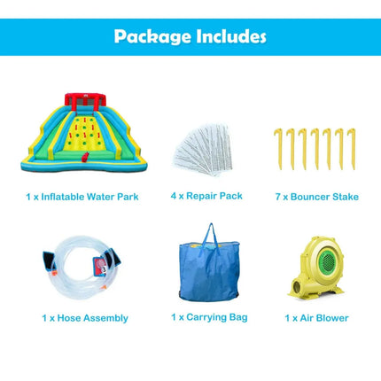 Inflatable Water Park Bounce House with Double Slide and Climbing Wall with 735W Blower - Blue - Inflatable Water Slides