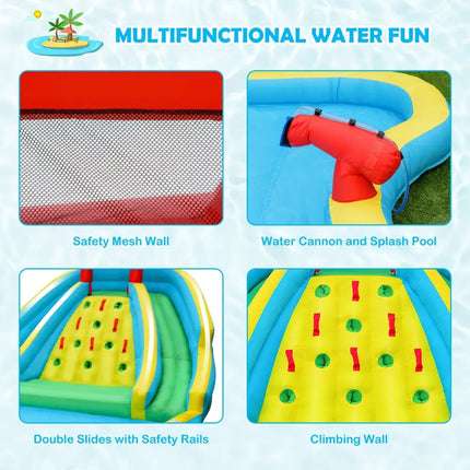Inflatable Water Park Bounce House with Double Slide and Climbing Wall with 735W Blower - Blue - Inflatable Water Slides