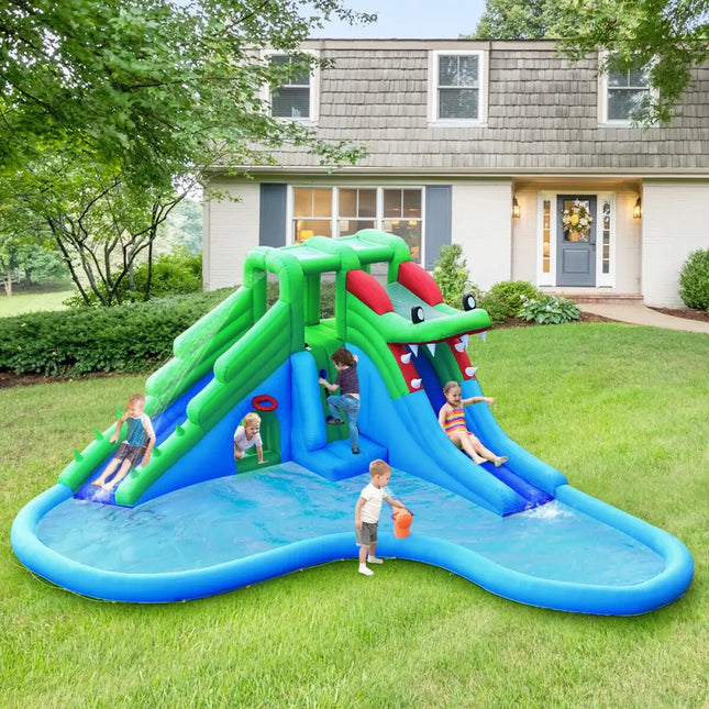 Inflatable Water Park Crocodile Bouncer Dual Slide Climbing Wall Without Blower - Bounce House