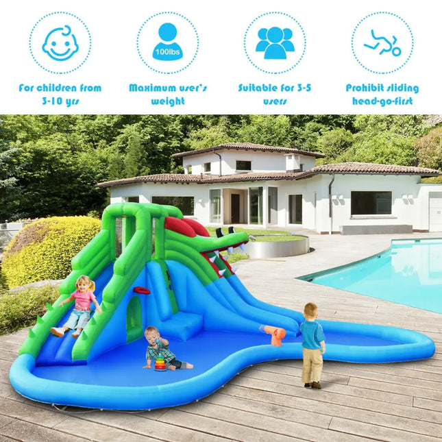 Inflatable Water Park Crocodile Bouncer Dual Slide Climbing Wall Without Blower - Bounce House