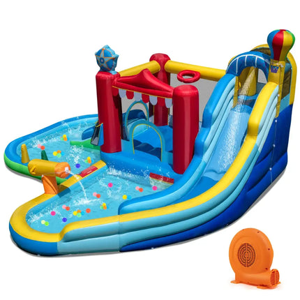 Inflatable Water Park with Splash Pool 50 Ocean Balls and 750W Blower - Multicolor - Inflatable Water Slides