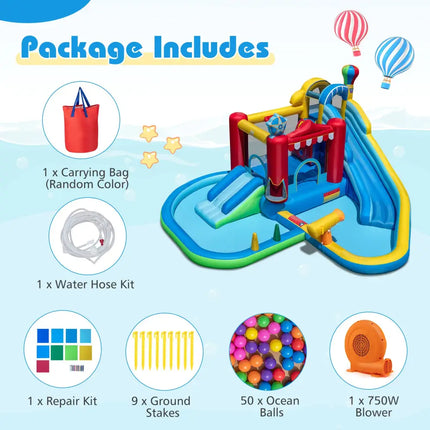 Inflatable Water Park with Splash Pool 50 Ocean Balls and 750W Blower - Multicolor - Inflatable Water Slides