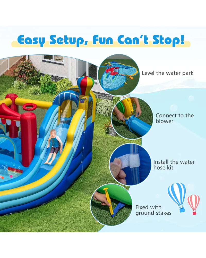 Inflatable Water Park with Splash Pool 50 Ocean Balls and 750W Blower - Multicolor - Inflatable Water Slides