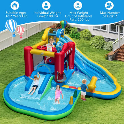 Inflatable Water Park with Splash Pool 50 Ocean Balls and 750W Blower - Multicolor - Inflatable Water Slides