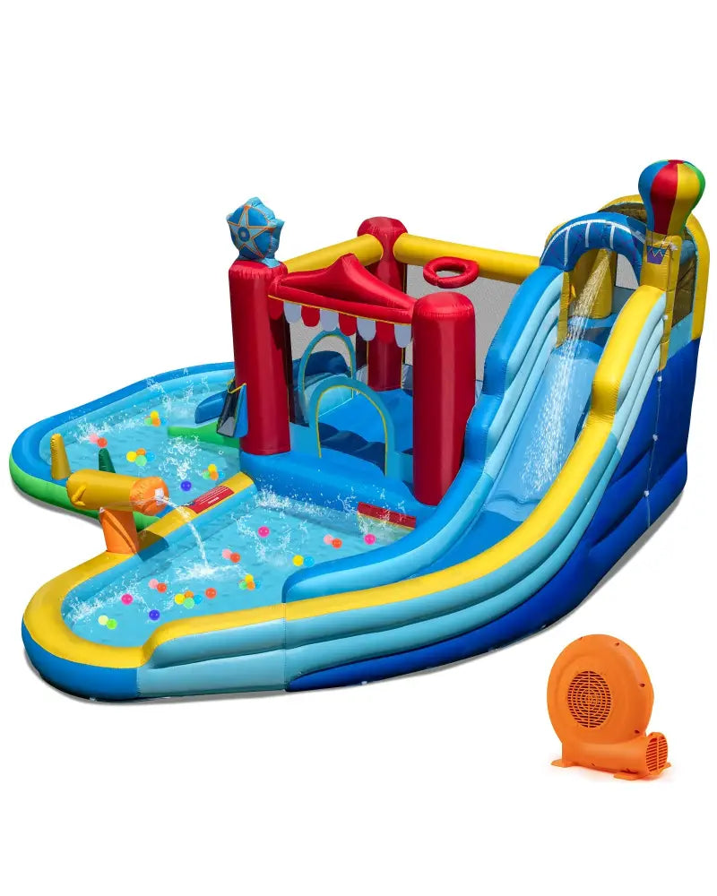 Inflatable Water Park with Splash Pool 50 Ocean Balls and 750W Blower - Multicolor - Inflatable Water Slides