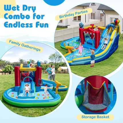 Inflatable Water Park with Splash Pool 50 Ocean Balls and 750W Blower - Multicolor - Inflatable Water Slides