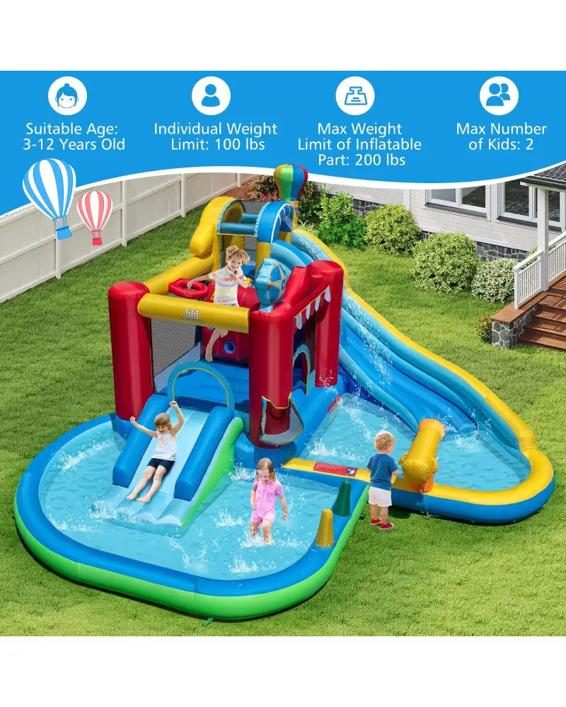 Inflatable Water Park with Splash Pool 50 Ocean Balls and 750W Blower - Multicolor - Inflatable Water Slides