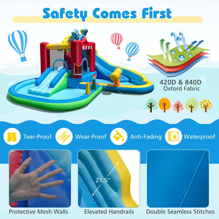 Inflatable Water Park with Splash Pool 50 Ocean Balls and 750W Blower - Multicolor - Inflatable Water Slides