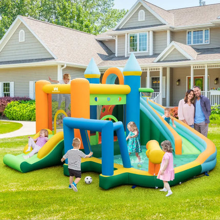 Inflatable Water Slide Blowup Bounce House with Dual Slides and Splash Pool (Without Blower) - Green - Outdoor Play
