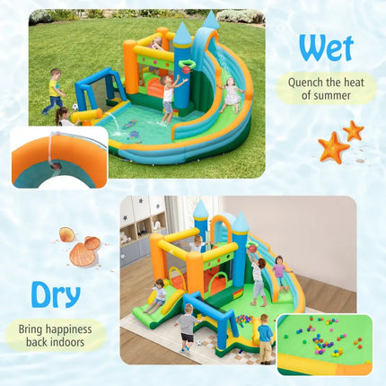 Inflatable Water Slide Blowup Bounce House with Dual Slides and Splash Pool (Without Blower) - Green - Outdoor Play