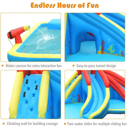 Inflatable Water Slide Bounce House with Water Cannon and 950W Blower - Blue - Inflatable Water Slides