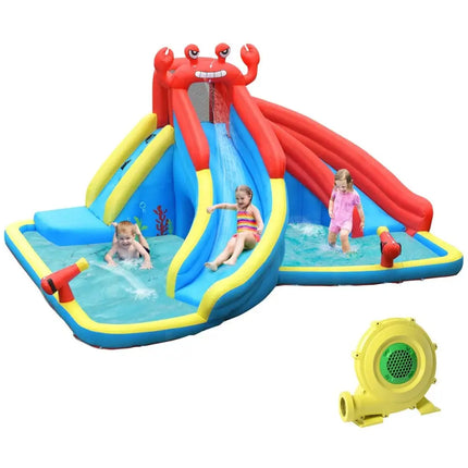 Inflatable Water Slide Bounce House with Water Cannon and 950W Blower - Blue - Inflatable Water Slides