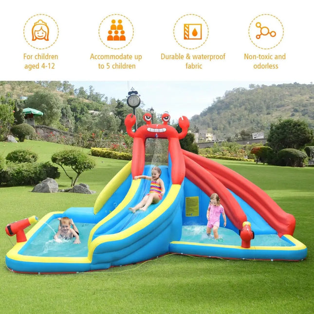 Inflatable Water Slide Bounce House with Water Cannon and 950W Blower - Blue - Inflatable Water Slides