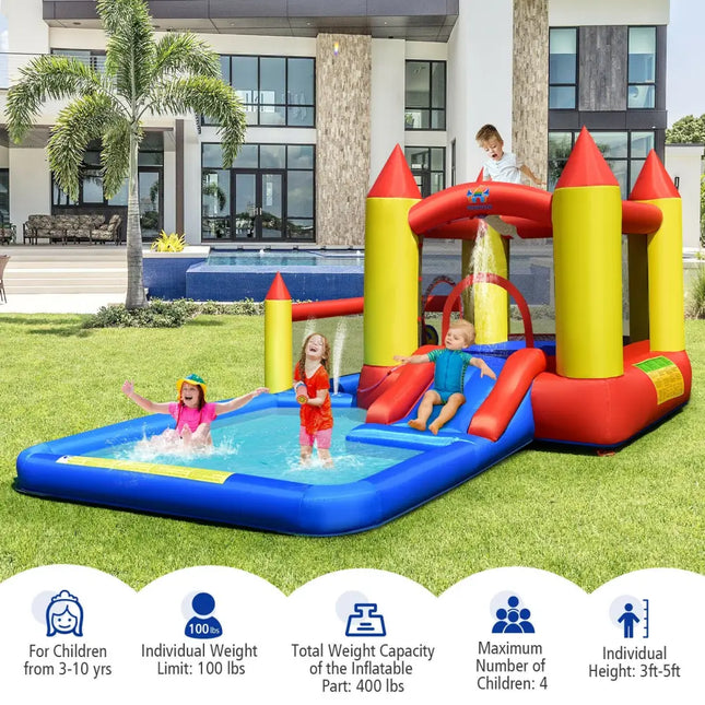 Inflatable Water Slide Castle Kids Bounce House with 480W Blower - Multicolor - Inflatable Water Slides