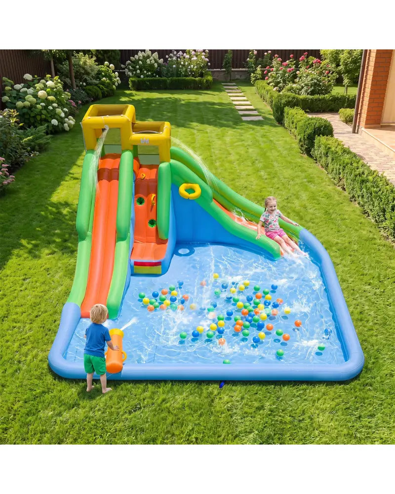 Inflatable Water Slide for Kids with Double Slides with Splash Pool Water Cannon and Basketball Hoop for Backyard Fun
