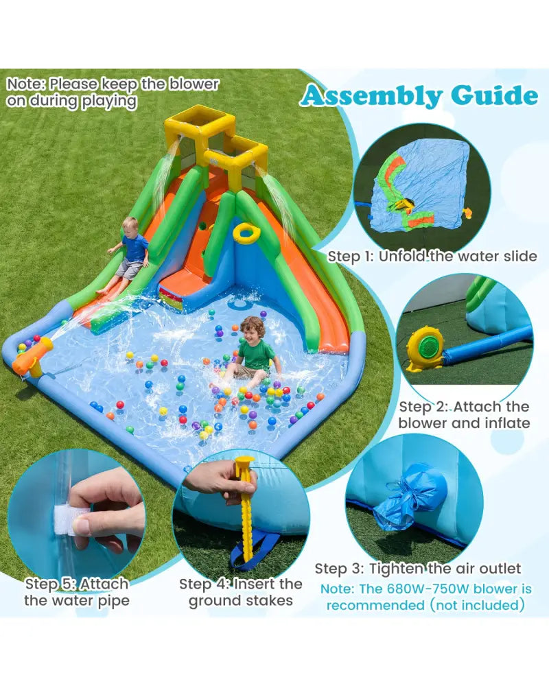 Inflatable Water Slide for Kids with Double Slides with Splash Pool Water Cannon and Basketball Hoop for Backyard Fun