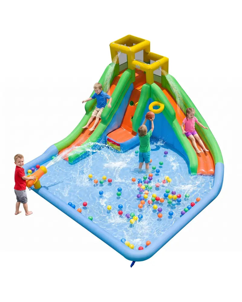 Inflatable Water Slide for Kids with Double Slides with Splash Pool Water Cannon and Basketball Hoop for Backyard Fun