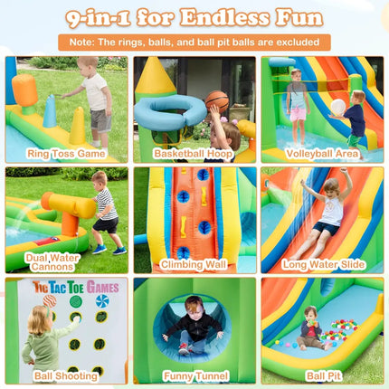 Inflatable Water Slide Giant Water Park 9-In-1 for Kids Backyard Fun with 735W Blower - Multicolor - Inflatable Water