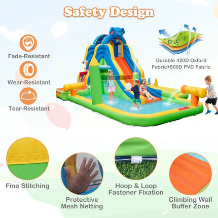 Inflatable Water Slide Giant Water Park 9-In-1 for Kids Backyard Fun with 735W Blower - Multicolor - Inflatable Water