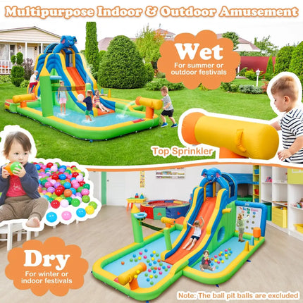 Inflatable Water Slide Giant Water Park 9-In-1 for Kids Backyard Fun with 735W Blower - Multicolor - Inflatable Water