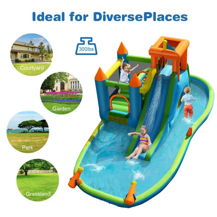 Inflatable Water Slide Kids Bounce House Splash Water Pool with Blower - Inflatable Water Slides