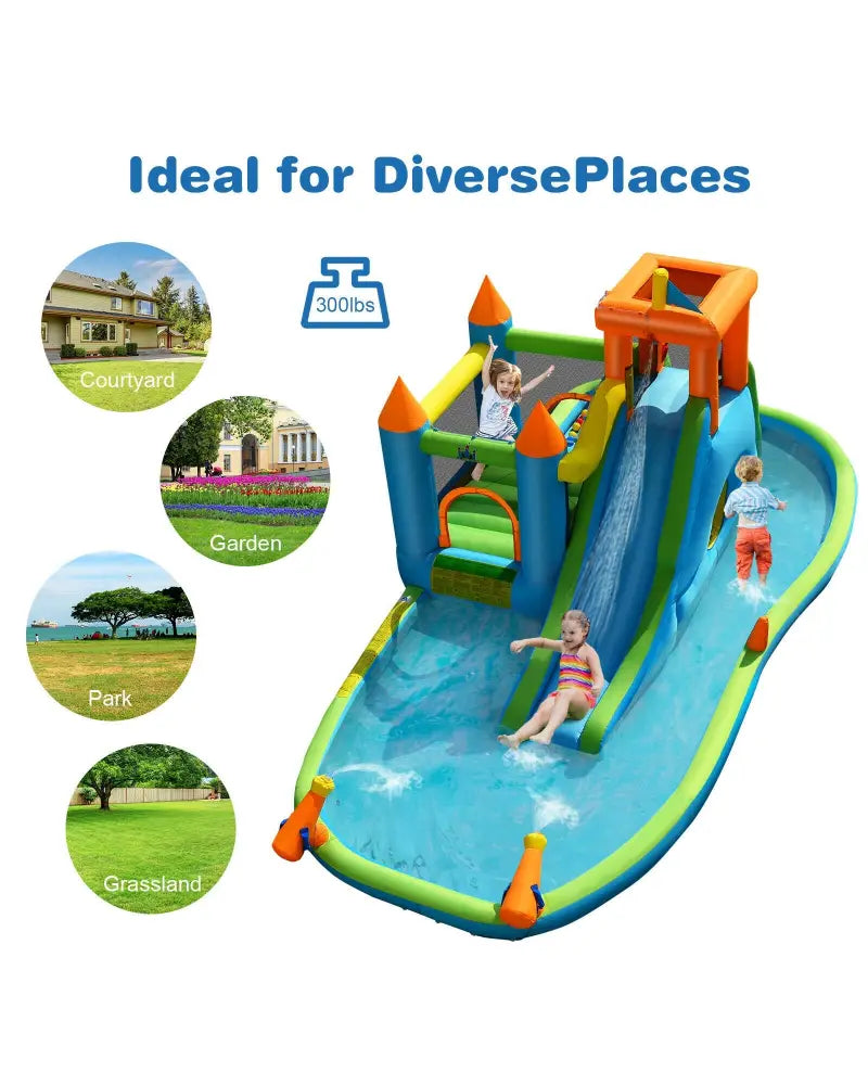 Inflatable Water Slide Kids Bounce House Splash Water Pool with Blower - Inflatable Water Slides