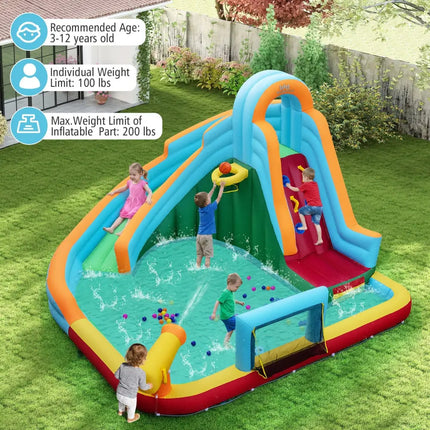 Inflatable Water Slide Park 6-in-1 Giant Bounce House with Long Slide Splash Pool Climbing Wall - Inflatable Water