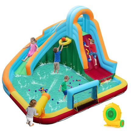 Inflatable Water Slide Park 6-in-1 Giant Bounce House with Long Slide Splash Pool Climbing Wall - Inflatable Water