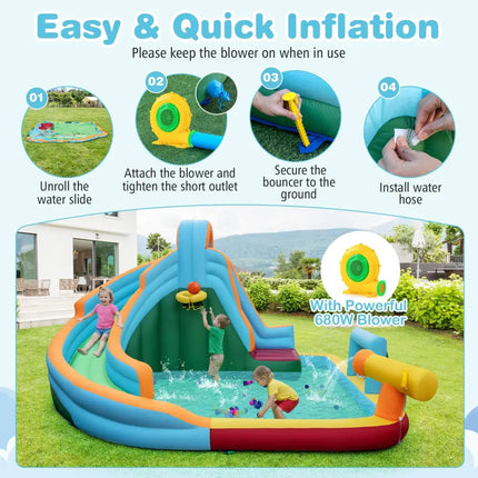 Inflatable Water Slide Park 6-in-1 Giant Bounce House with Long Slide Splash Pool Climbing Wall - Inflatable Water