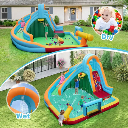 Inflatable Water Slide Park 6-in-1 Giant Bounce House with Long Slide Splash Pool Climbing Wall - Inflatable Water