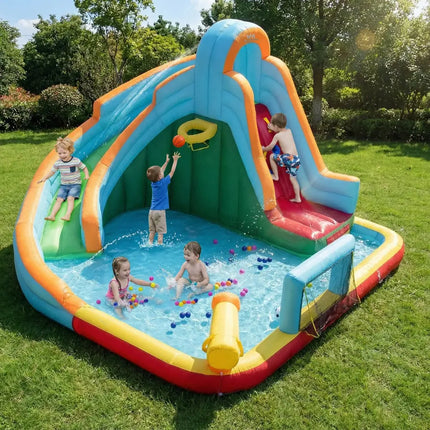 Inflatable Water Slide Park 6-in-1 Giant Bounce House with Long Slide Splash Pool Climbing Wall - Inflatable Water