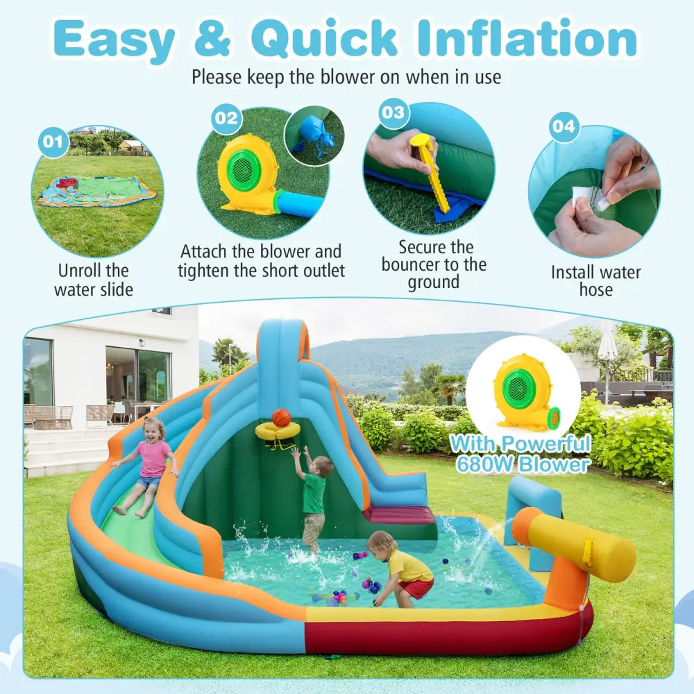 Inflatable Water Slide Park 6-in-1 Giant Bounce House with Long Slide Splash Pool Climbing Wall - Inflatable Water
