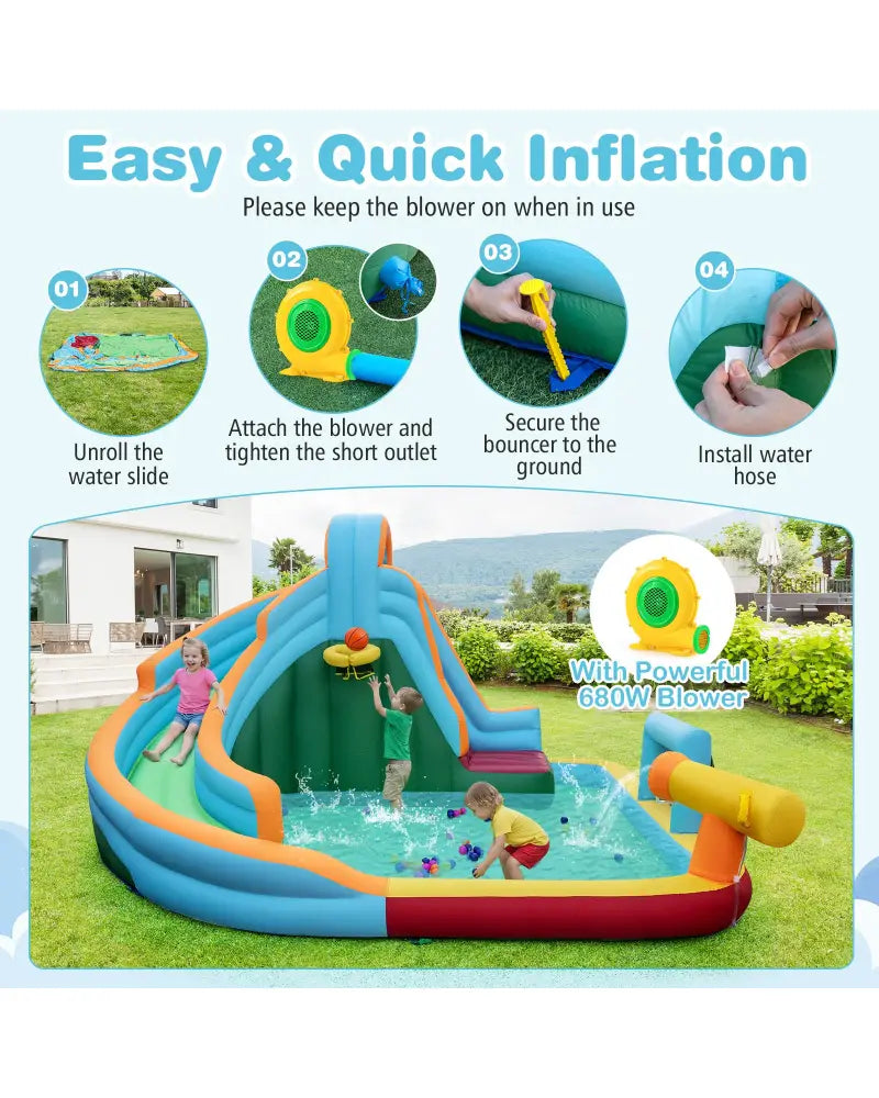 Inflatable Water Slide Park 6-in-1 Giant Bounce House with Long Slide Splash Pool Climbing Wall - Inflatable Water