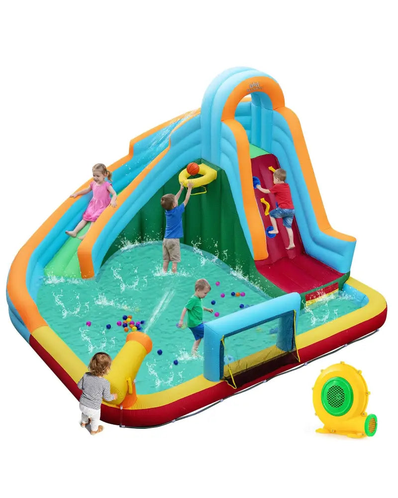 Inflatable Water Slide Park 6-in-1 Giant Bounce House with Long Slide Splash Pool Climbing Wall - Inflatable Water
