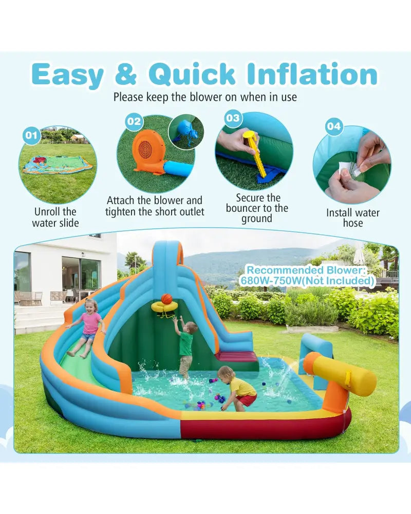 Inflatable Water Slide Park 6-in-1 Giant Bounce House without Blower - Multicolor - Inflatable Water Slides
