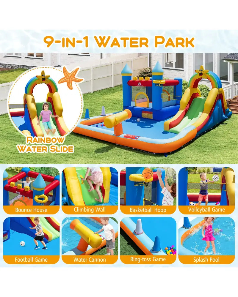 Inflatable Water Slide Park Bouncy Castle with Climbing Wall with 735W Blower - Inflatable Water Slides