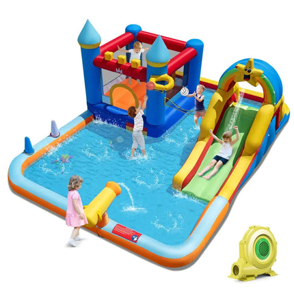 Inflatable Water Slide Park Bouncy Castle with Climbing Wall with 735W Blower - Inflatable Water Slides