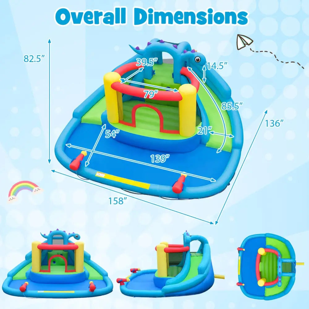 Inflatable Water Slide Park Dinosaur-themed Kids Inflatable Bounce House with Double Slides - Multicolor - Inflatable