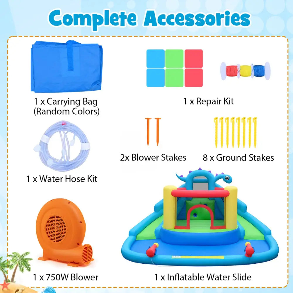 Inflatable Water Slide Park Dinosaur-themed Kids Inflatable Bounce House with Double Slides - Multicolor - Inflatable