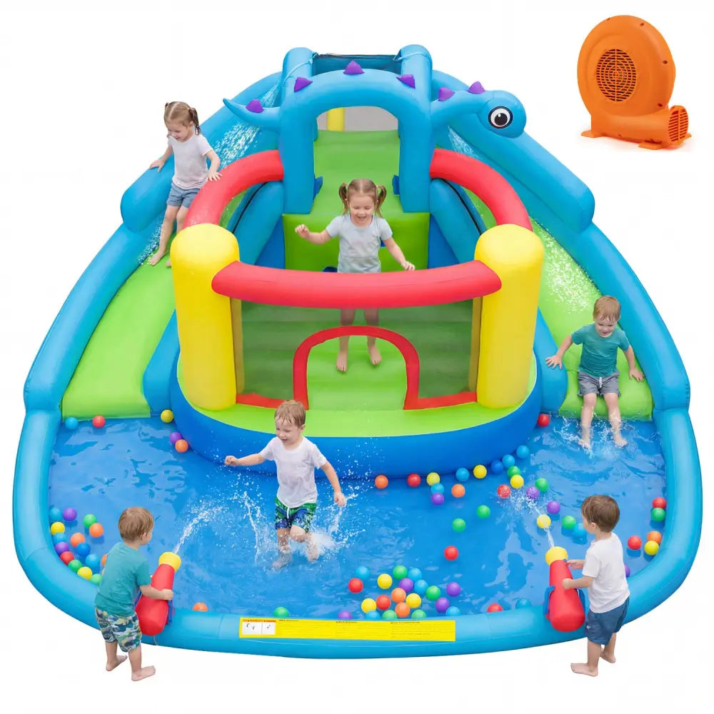 Inflatable Water Slide Park Dinosaur-themed Kids Inflatable Bounce House with Double Slides - Multicolor - Inflatable
