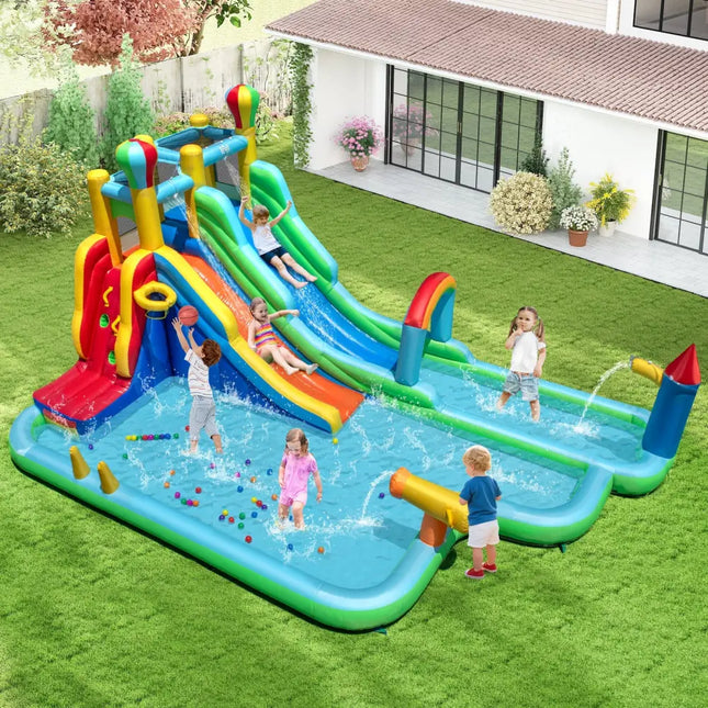 Inflatable Water Slide Park Giant Bounce House with 750W Blower - Blue - Inflatable Water Slides